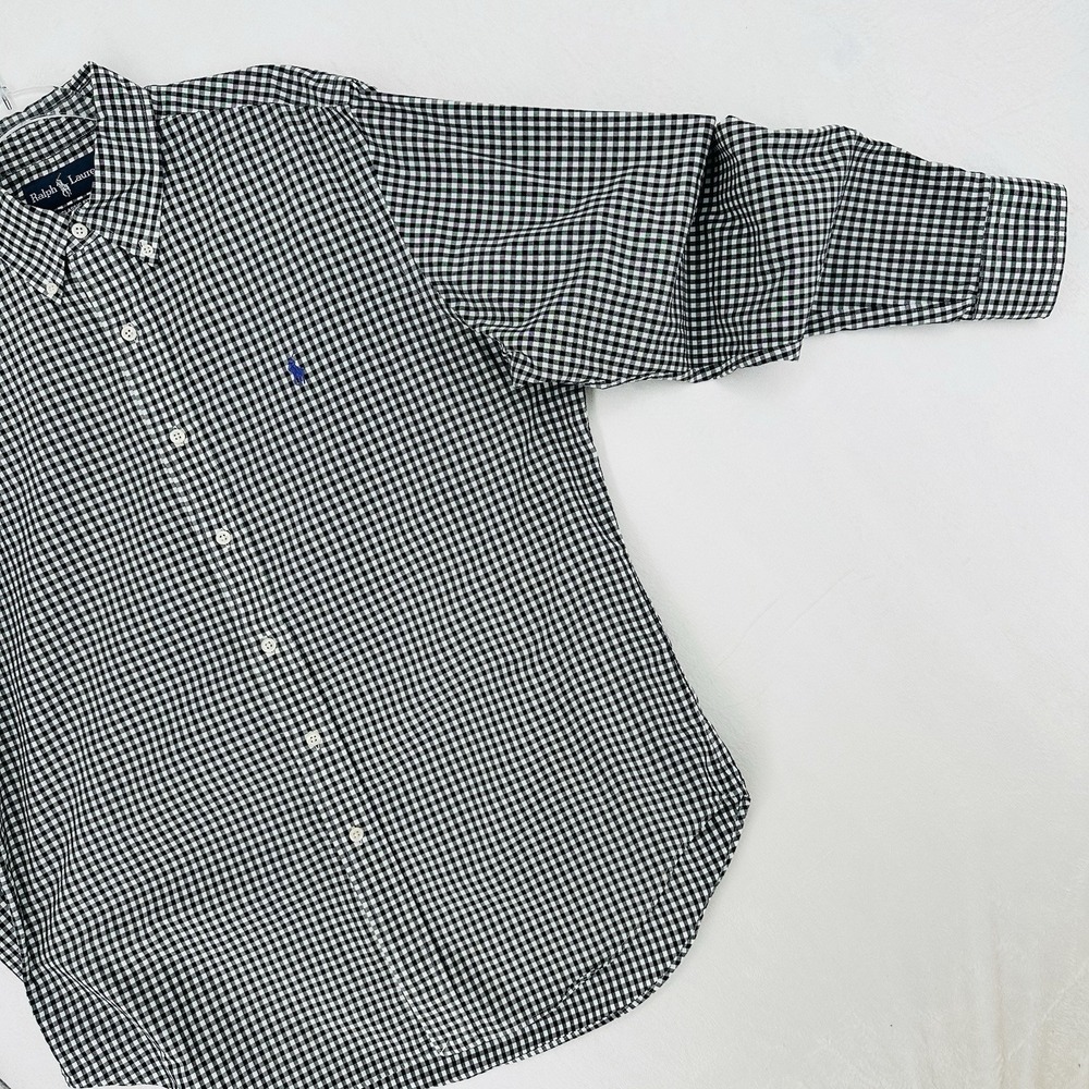 Ralph Lauren Classic Fit Button Down Shirt Mens Size L Black Gingham Purple Logo